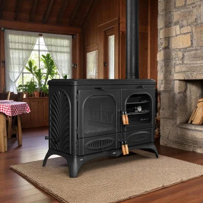 Palm Cast Iron Wood-Burning Stove with Oven: 3-Layer Cooker, Side Glass, 15kW Dual Combustion FS-066