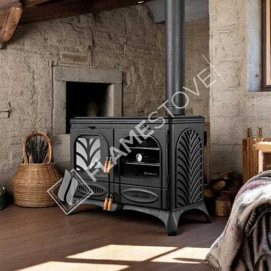Palm Cast Iron Wood-Burning Stove with Oven: 3-Layer Cooker, Side Glass, 15kW Dual Combustion FS-066