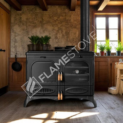 Palm Cast Iron Wood-Burning Stove with Oven: 3-Layer Cooker, Side Glass, 15kW Dual Combustion FS-066
