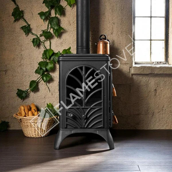 Palm Cast Iron Wood-Burning Stove with Oven: 3-Layer Cooker, Side Glass, 15kW Dual Combustion FS-066